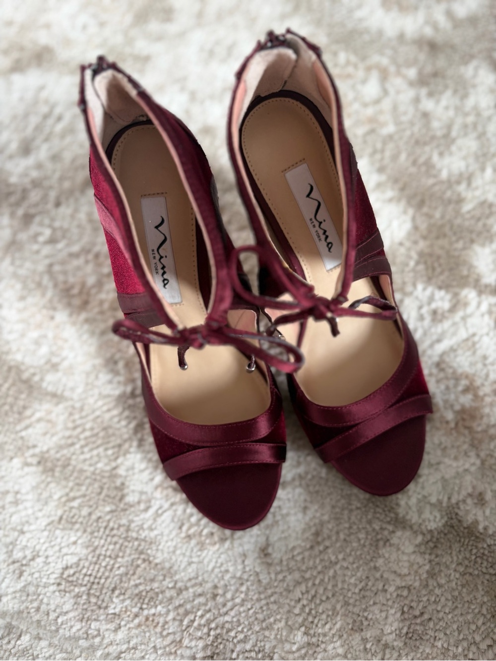 Nina Shoes Cherie Burgundy Velvet Lace-Up Stiletto Heels 6.5 - Picture 2 of 9